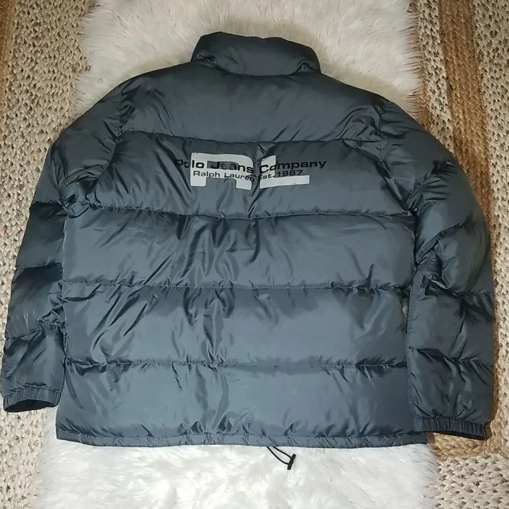 Vintage Polo Jeans Ralph Lauren Grey Quilted Down Reversible Puffer Coat